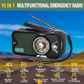 3600mAh Emergency Crank &NOAA Weather Radio; Hand Crank/Solar/USB Charging; Portable Radio With (AM FM /WB); Radio With Other Function For BT Speaker (Color: black)